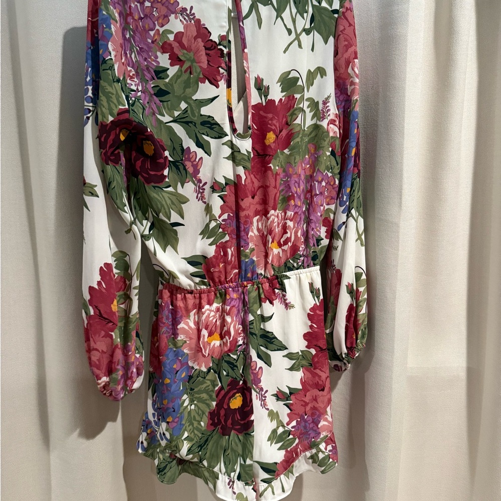 Show Me Your MuMu White Floral Long Sleeve Romper with Purple & Pink Blooms